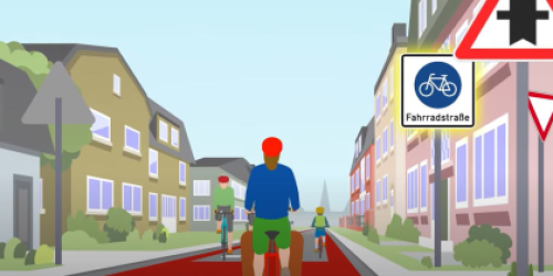 Standbild aus dem animierten Erklärvideo zeigt eine Verkehrssituation mit Radfahrern an einer Kreuzung auf einer Fahrradstraße Standbild aus dem animierten Erklärvideo zeigt eine Verkehrssituation mit Radfahrern an einer Kreuzung auf einer Fahrradstraße